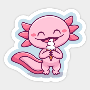 Cute Axolotl Eating Ice Cream Cone Cartoon Sticker